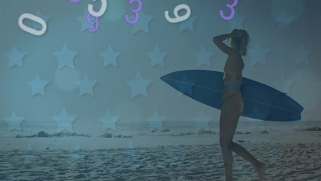 surfer walking on beach with numbers and stars animation overlay