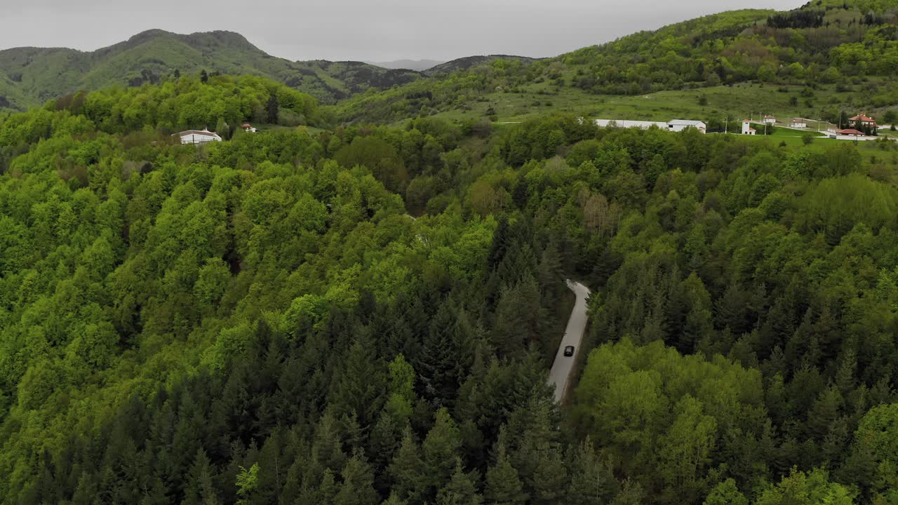 공중 드론이 곡선 도로 위에서 가을 숲으로 날아갑니다.
