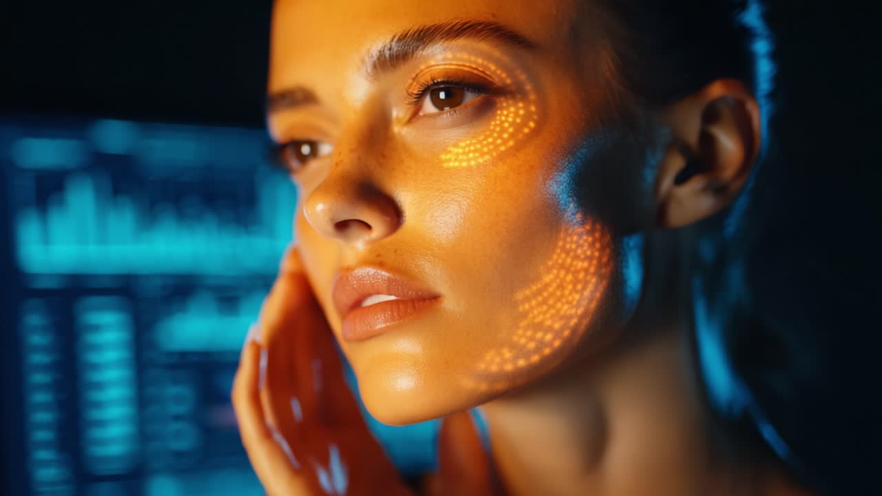 Captivating Portrait of a Woman with Illuminated Facial Patterns and a Glowing Complexion Against a Backdrop of Digital Graphics and Data Visualization