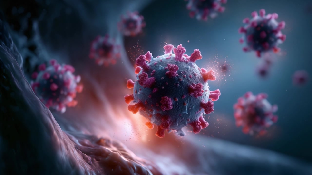 Visualizzazione Dettagliata di Particelle Virali in un Ambiente Microscopico che Esplora le Complessità e le Dinamiche della Struttura e del Comportamento dei Virus a Livello Cellulare