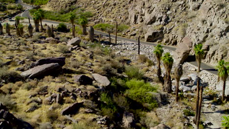 aerial view of rugged palm springs mountain terrain next a road, showcasing dramatic ridges, rocky slopes, and desert textures under a clear blue sky. a striking natural landscape from above