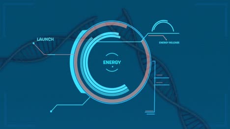 Data-processing-over-multiple-dna-structures-spinning-against-blue-background