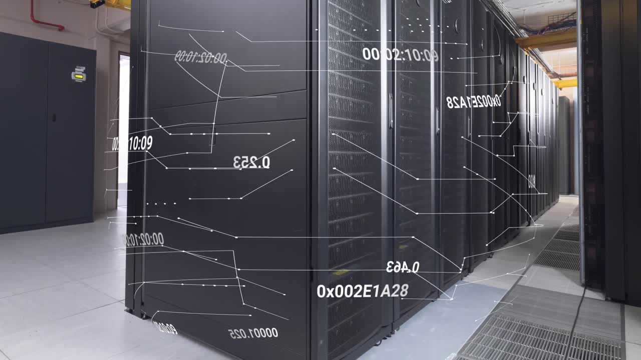 Animation of network of connections and data processing against computer server room