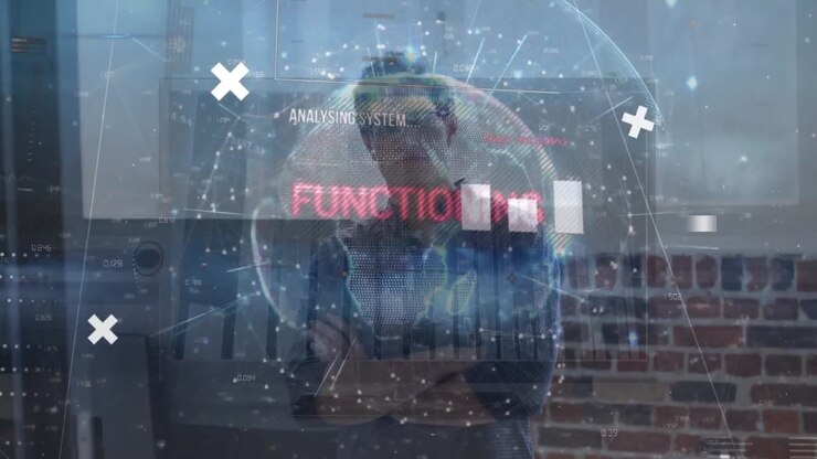 Animation of globe with data processing over caucasian businessman