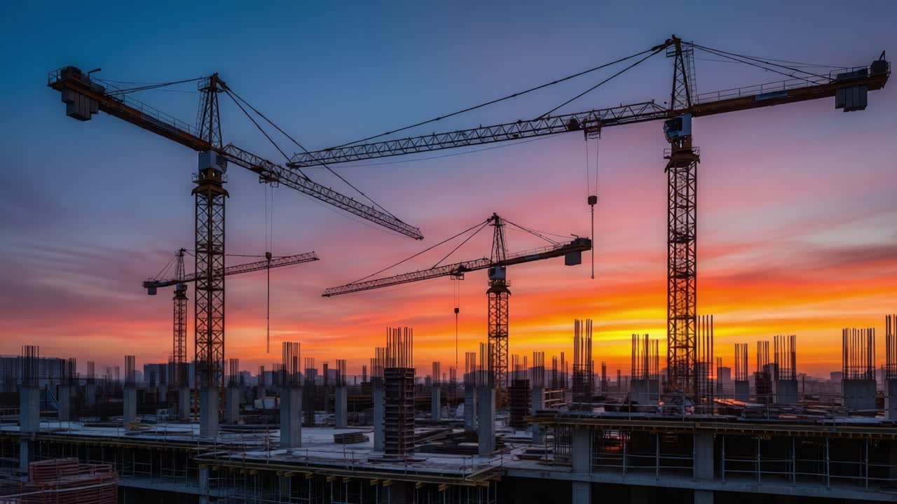Construction Site with Tower Cranes Against a Vibrant Sunset Sky