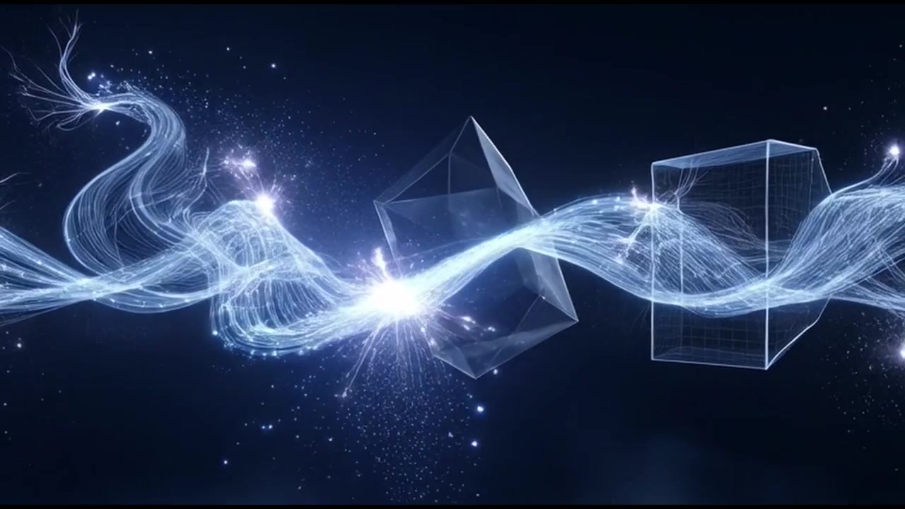 Abstract Glowing Light Waves Flowing Through Geometric Shapes