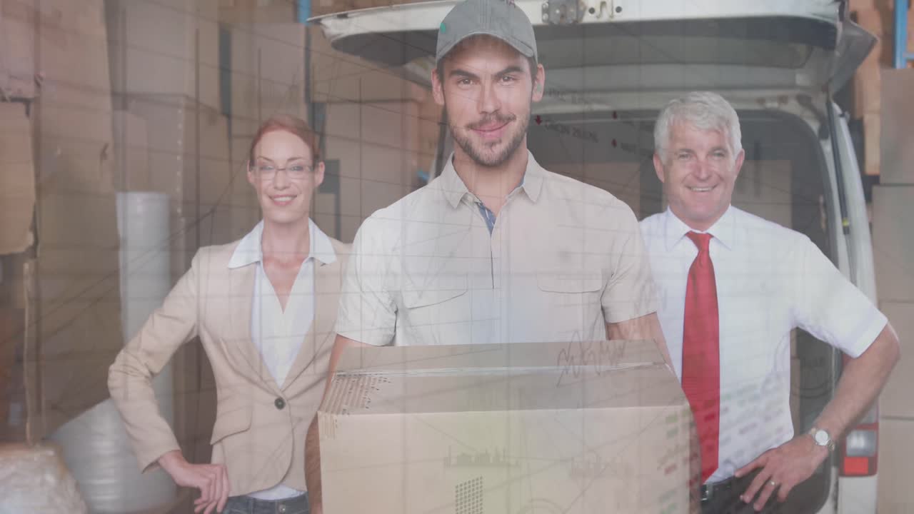 백인 여성과 남성 창고 노동자에 대한 그래프의 애니메이션