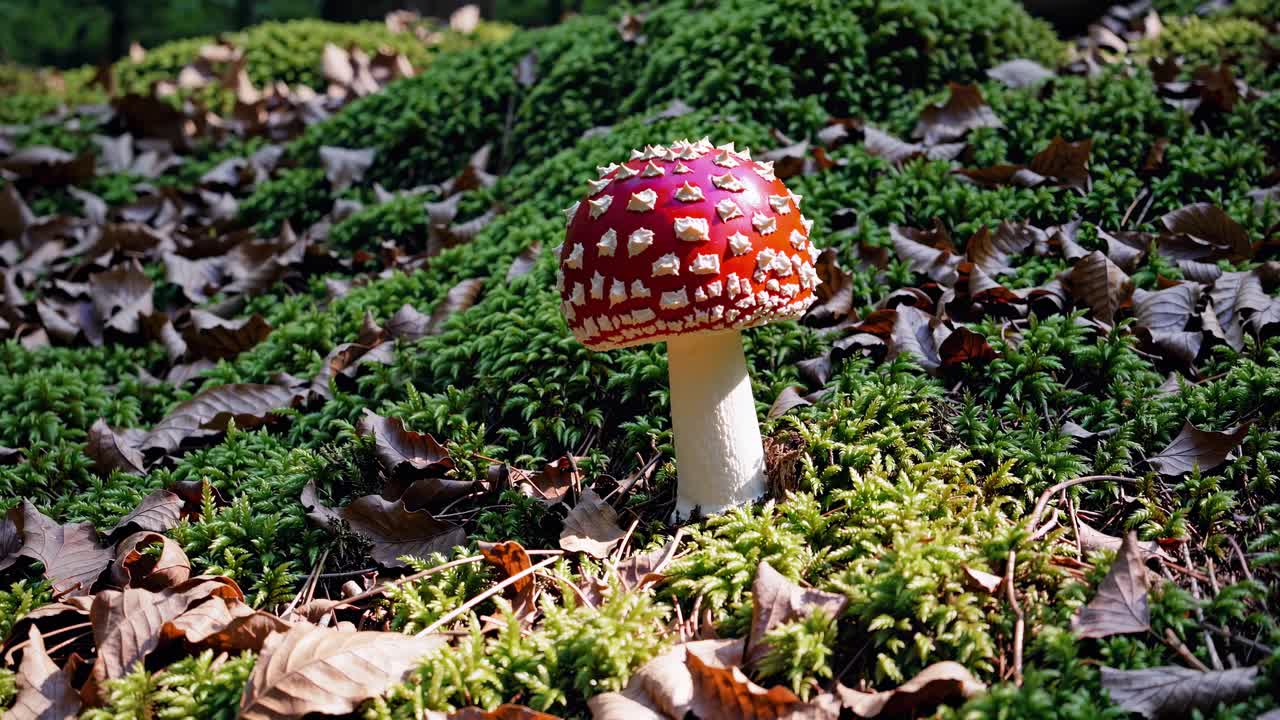 Low-angle video shot of a vibrant red mushroom with white spots, surrounded by green moss and fallen