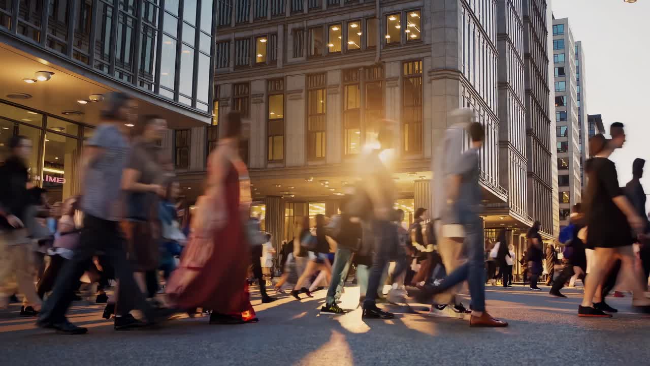 Time Lapse of Busy City Pedestrians Crossing Street at Sunset