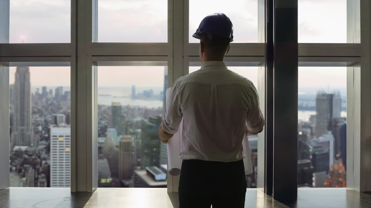 arquitecto mirando el horizonte de la ciudad con planes