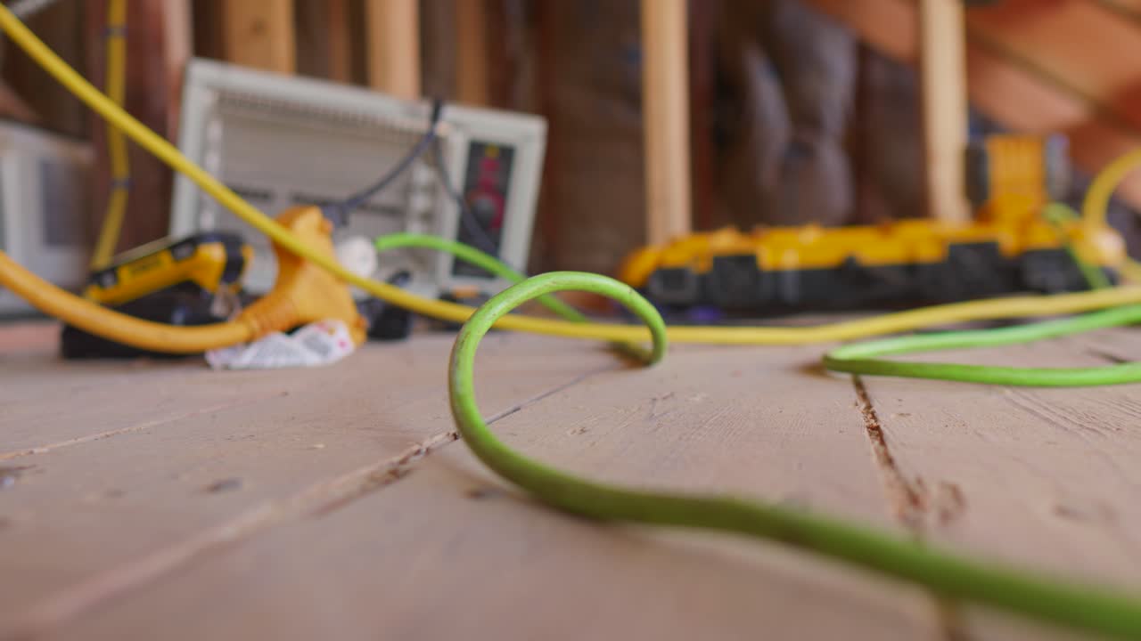 A bokeh shot of an electrical cord extension is captured with a blurred background of a construction site.