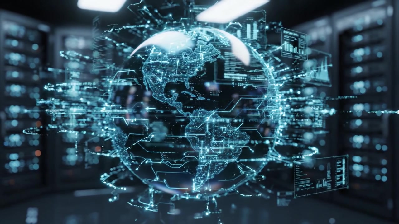 A Glimpse into the Digital Realm: The Transition of a Black Sphere into a Pulsating Data-Driven Globe Surrounded by High-Tech Server Racks