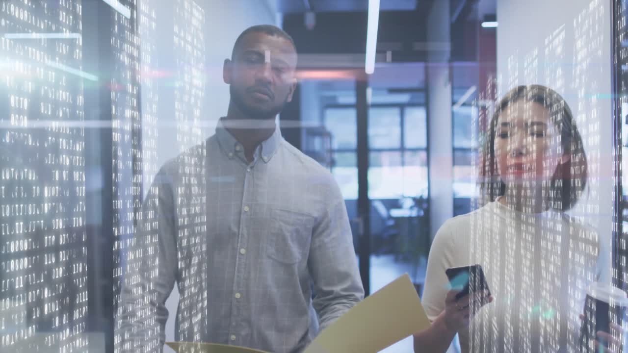 Animation of moving columns over diverse business people