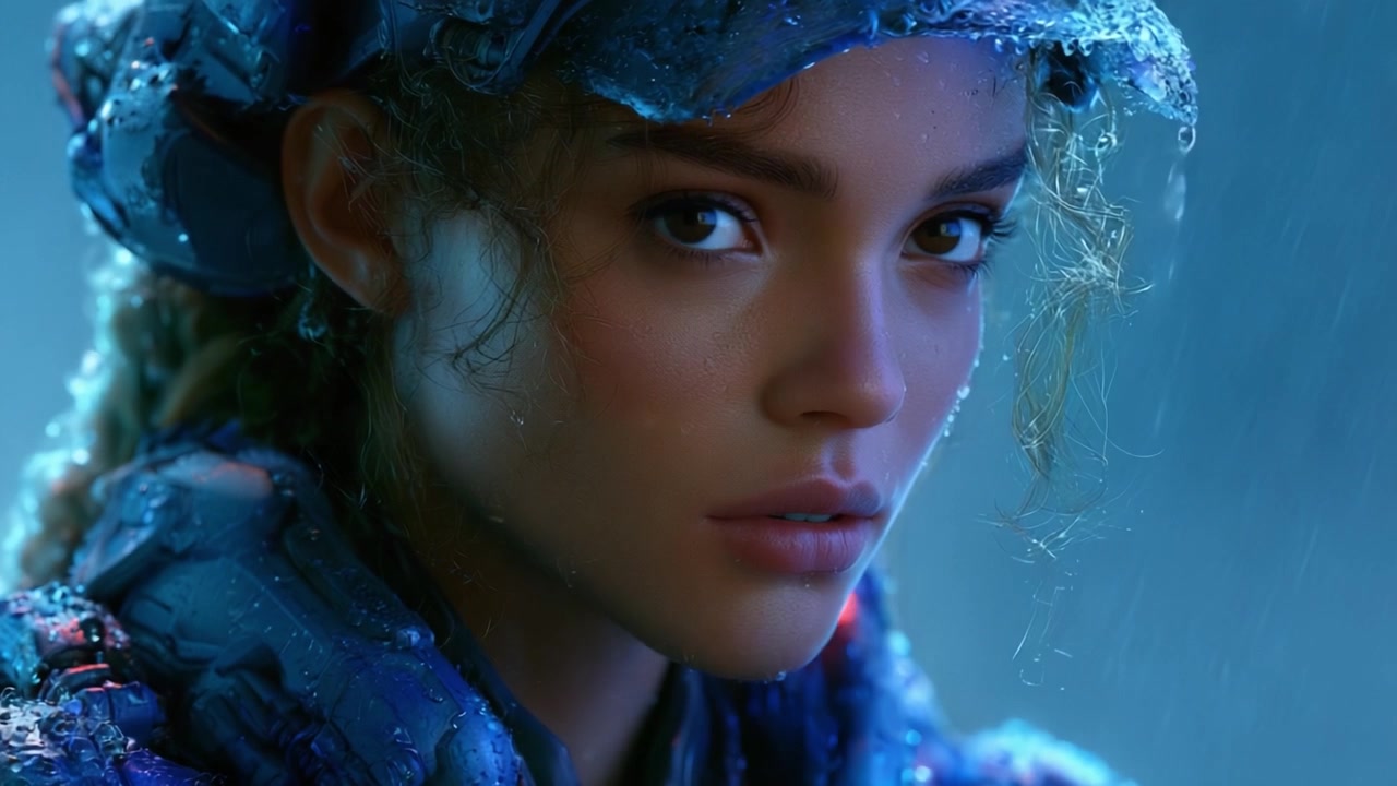 A close-up portrait of a rain-soaked young woman, her features illuminated by soft blue light, conveying a sense of introspection and resilience amidst the elements.