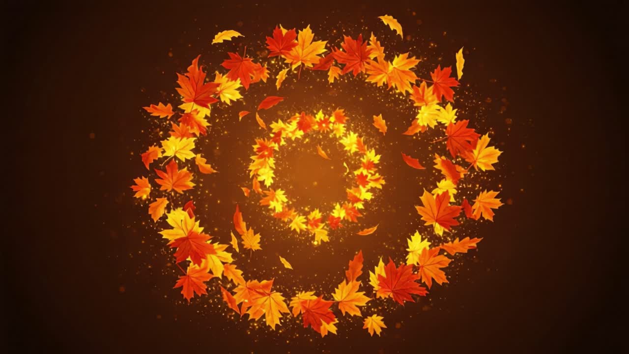 A Captivating Spiral of Autumn Leaves and Sparkles Transitioning into a Golden Glimmer, Signifying the Beauty and Warmth of Fall in a Magical Display