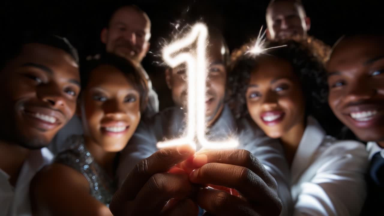A joyous celebration marked by friends and family holding a sparkling '1' sign, capturing the moment of togetherness, happiness, and the beginning of a new chapter in life