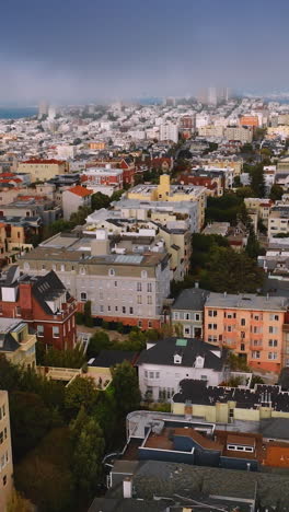 drone rising over the beautiful urban architecture at daytime. lively bright san francisco at the backdrop of blue foggy sky. vertical video