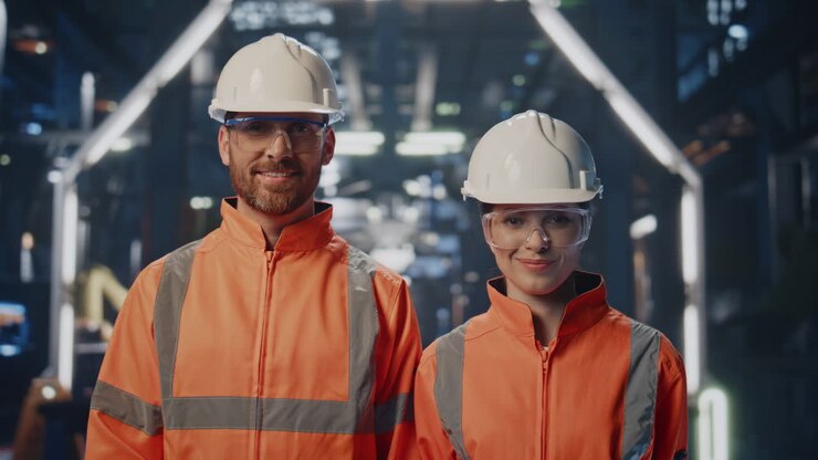 Happy plant technicians smiling to camera at modern innovation production.