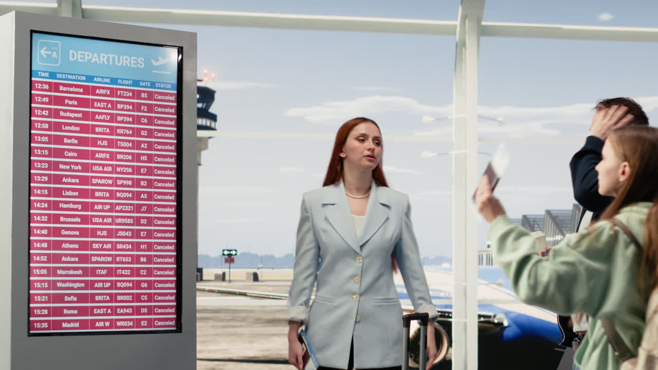 Pasajeros reaccionando a las cancelaciones de vuelos en el panel de salidas del aeropuerto.