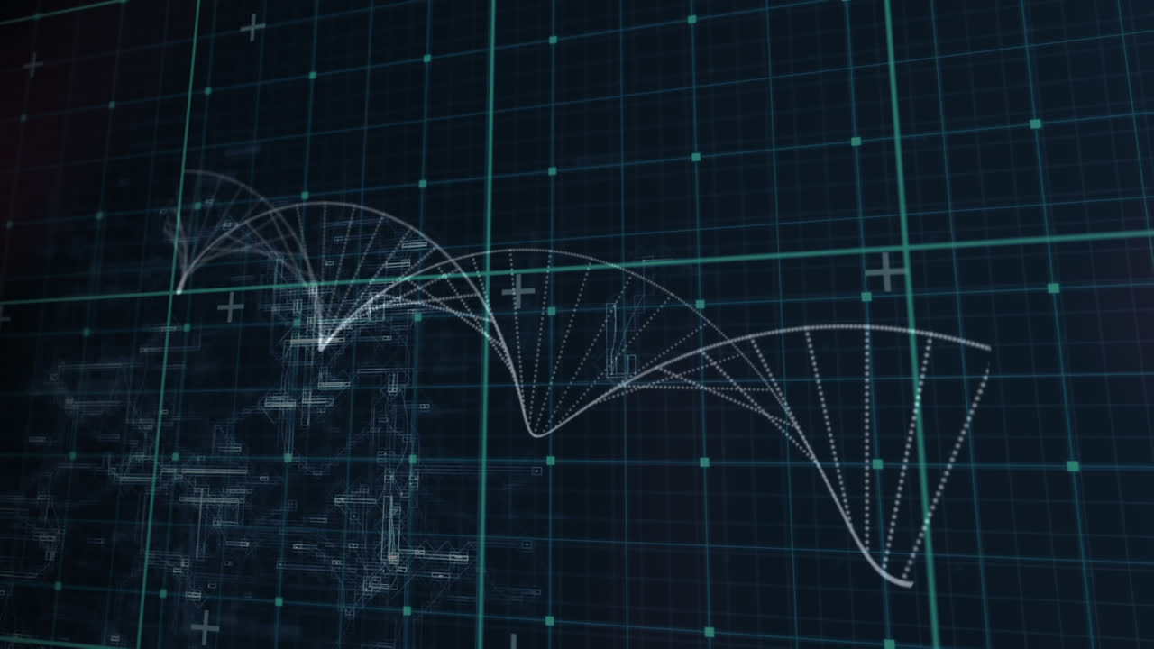 파란색 배경에서 회전하는 dna 구조에 대한 그리드 네트워크의 디지털 애니메이션