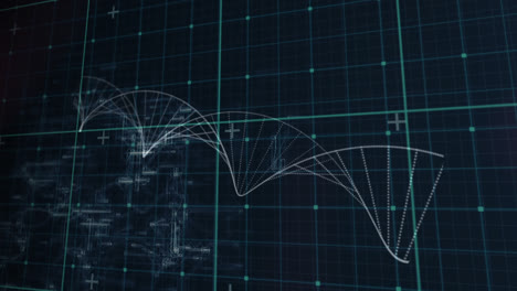 Digitale-Animation-Eines-Gitternetzes-Gegen-Eine-Sich-Drehende-DNA-Struktur-Auf-Blauem-Hintergrund