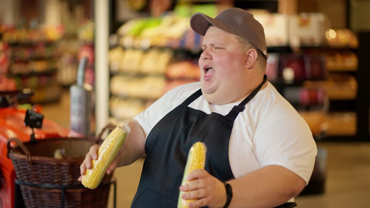 feliz trabajador de supermercado de sobrepeso en una camiseta blanca y un delantal negro con una gorra gris baila junto con cabezas de maíz y los utiliza como un micrófono durante su diversión en el trabajo