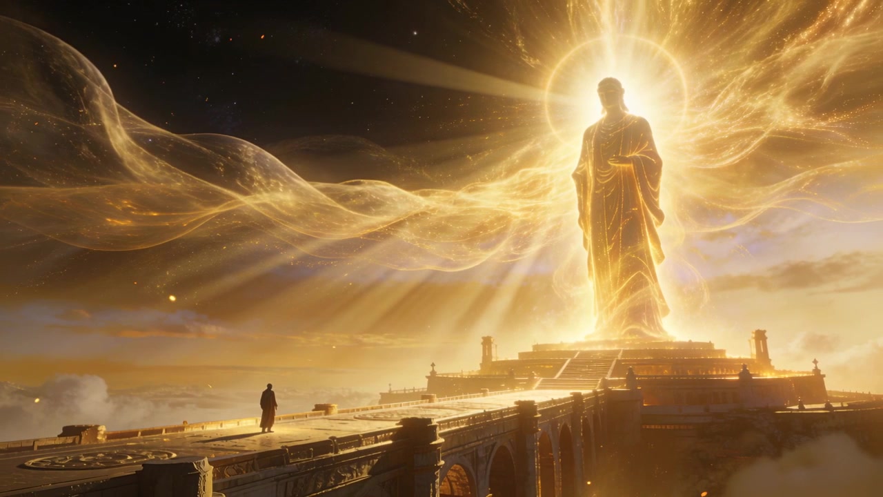 Viaggiatore incappucciato che reagisce a un'aureola che sorge, muovendosi lungo un ponte ornato verso una statua d'oro, con spazio per il testo.