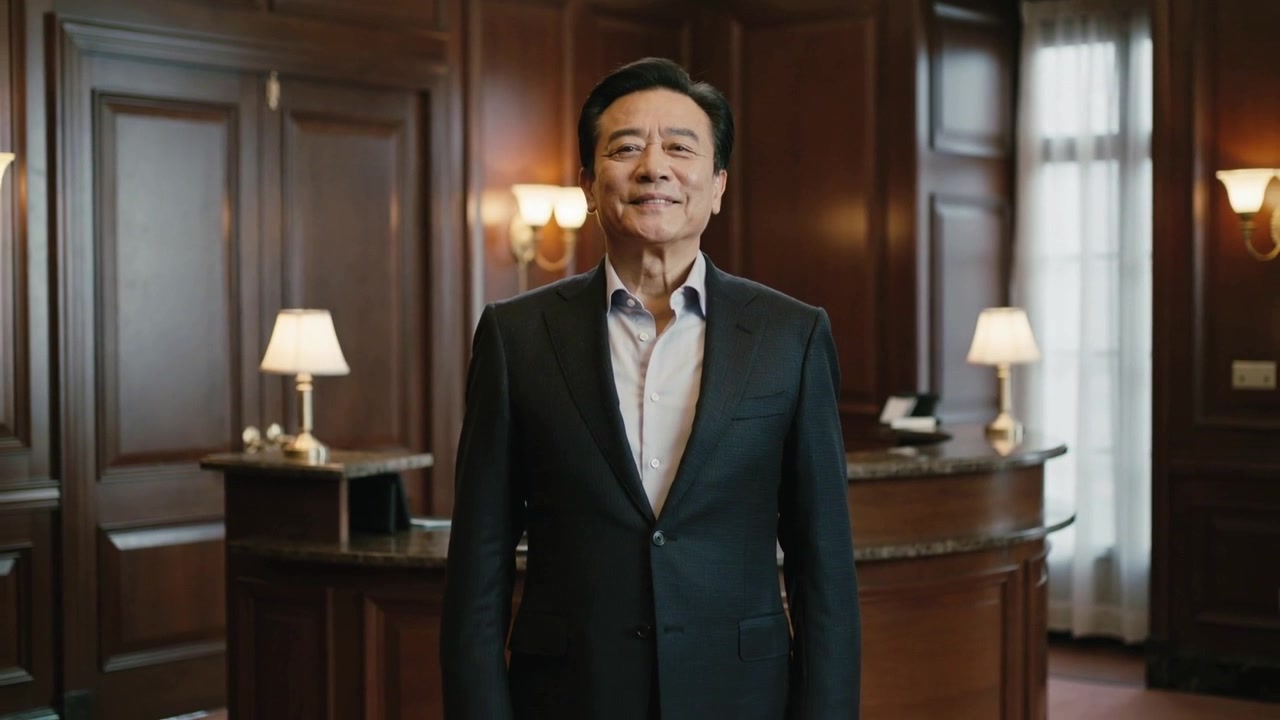 Câmera recuando revelando homem asiático de terno escuro ajeitando-se e sorrindo na recepção do lobby com luminárias.