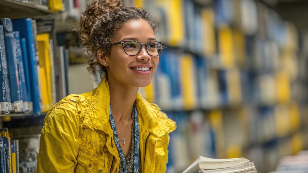 Una giovane donna con una giacca giallo brillante sorride mentre tiene in mano un libro in una biblioteca piena di scaffali colorati e opere letterarie, irradiando gioia e curiosità