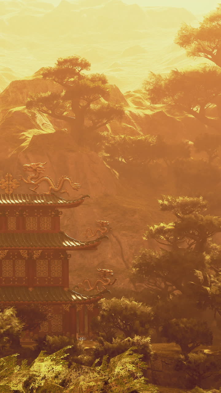 Maestoso tramonto su un tradizionale tempio asiatico annidato tra le montagne.