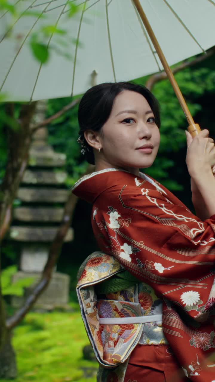 Woman in Traditional Japanese Kimono in a Garden