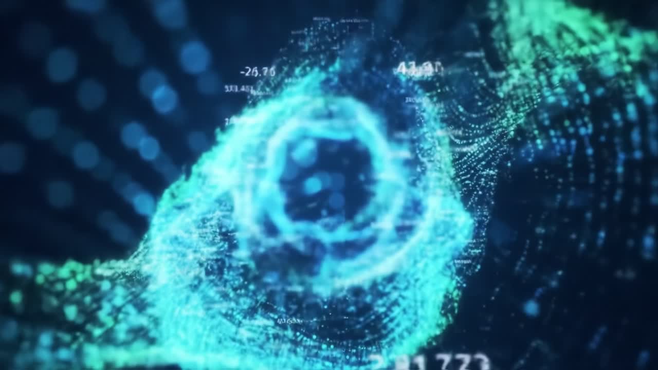 A Stunning Visualization of a Digital Particle Structure with Flowing Data Streams and Complex Patterns in a Hypnotic Blue and Green Color Palette