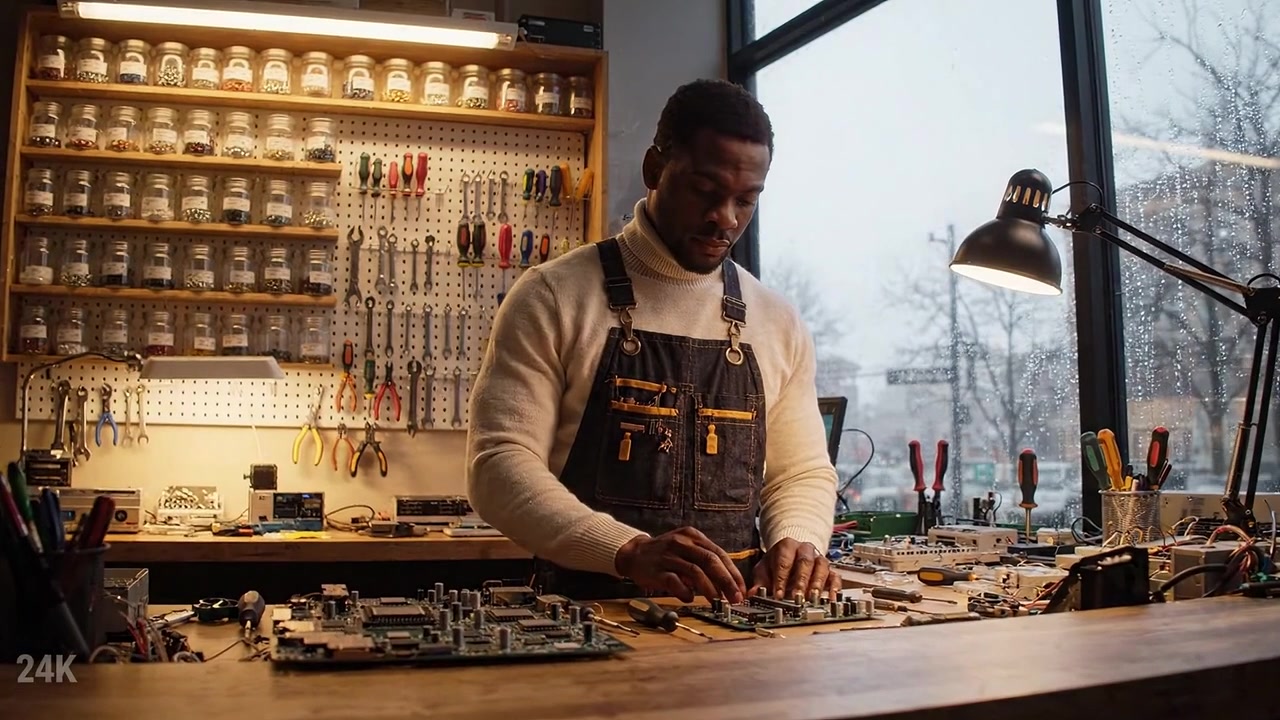 A Skilled Technician Engaged in Circuit Board Repair and Assembly in a Well-Organized Workshop Surrounded by Tools and Electronic Components in Rainy Weather