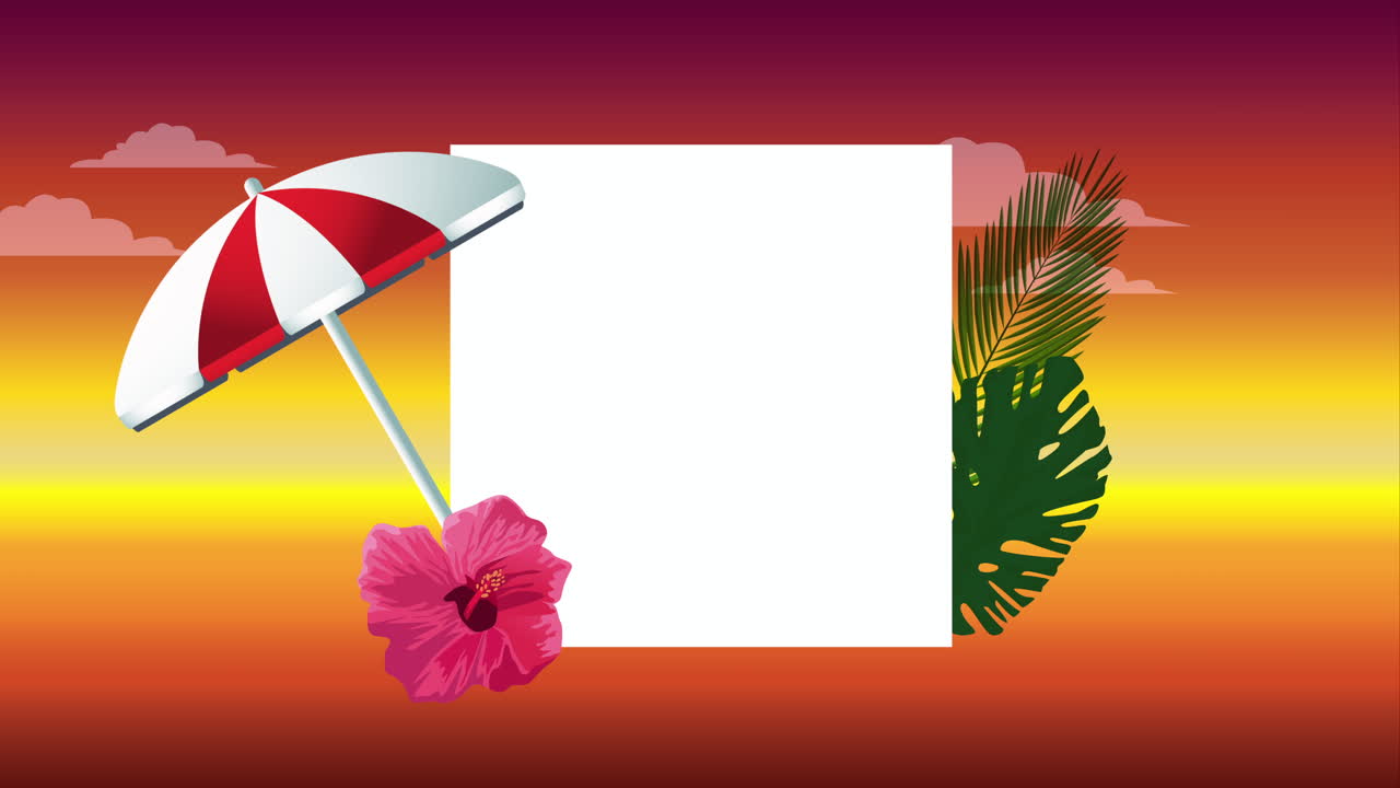 poster de vacaciones de verano con flor tropical y paraguas en marco cuadrado