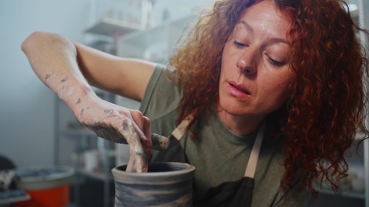 Woman Crafting Pottery on a Wheel