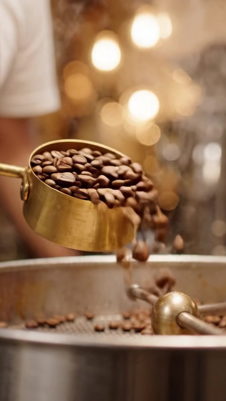 Preparazione artigianale del caffè: un primo piano sull'arte di tostare e versare chicchi di caffè appena macinati con un pressino in legno in un ambiente caldo e accogliente.