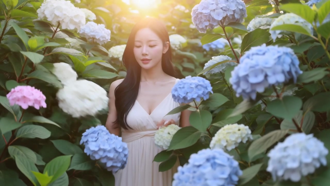 日陰から出て、庭の紫陽花の中を歩き、花に触れながらサンフレアを眺めるドレス姿の女性。