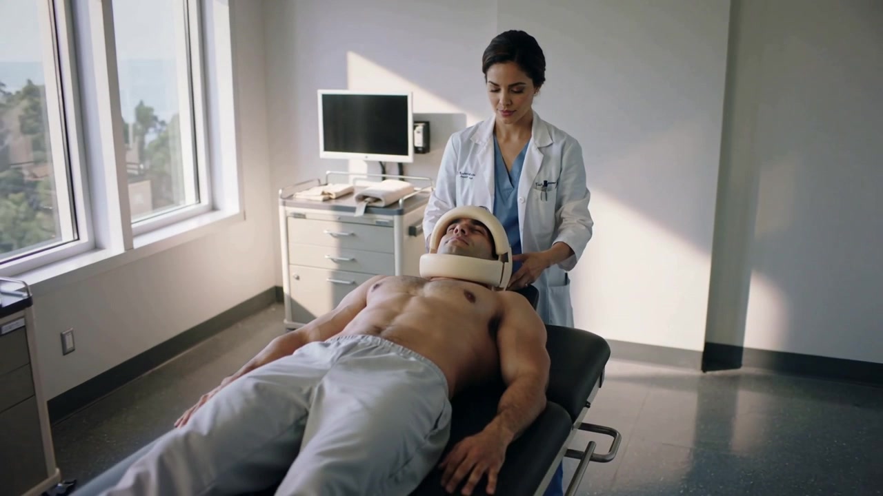 Clinico in camice che applica un collare cervicale su un lettino da visita, immobilizzando il collo del paziente.
