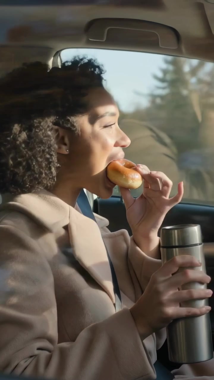 Vertical video: Biting glazed donut, woman in coat seatbelt on in moving car, holding mug