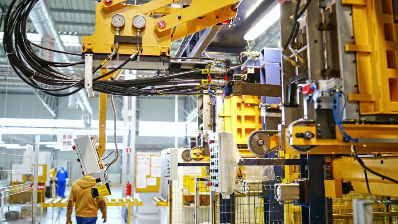 Modern automated assembly line. Robot working with production line and worker inside warehouse or factory building