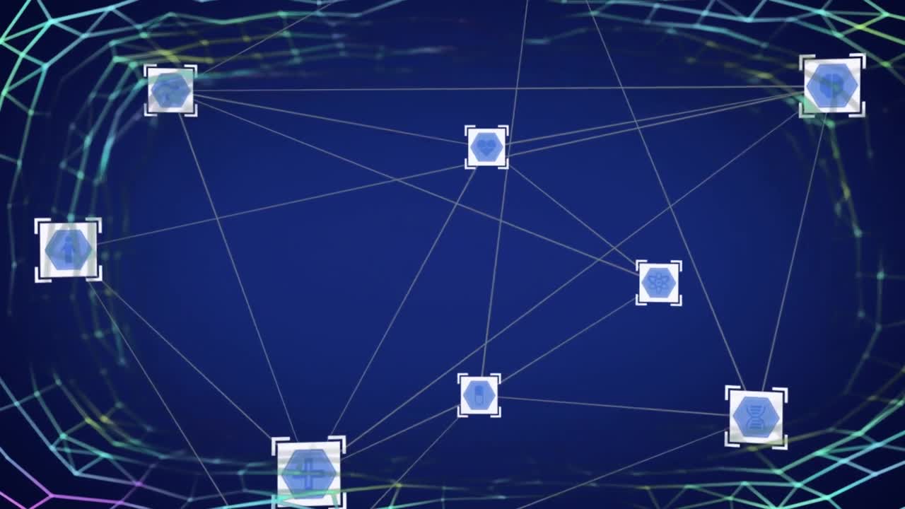 Animation of network of connections with blue icons on blue background