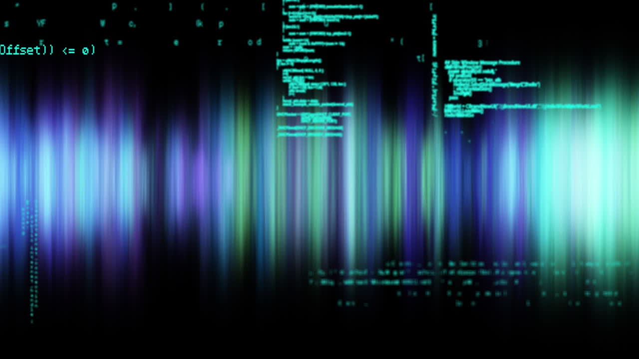 Animation of data processing in green on black background with green and blue lights