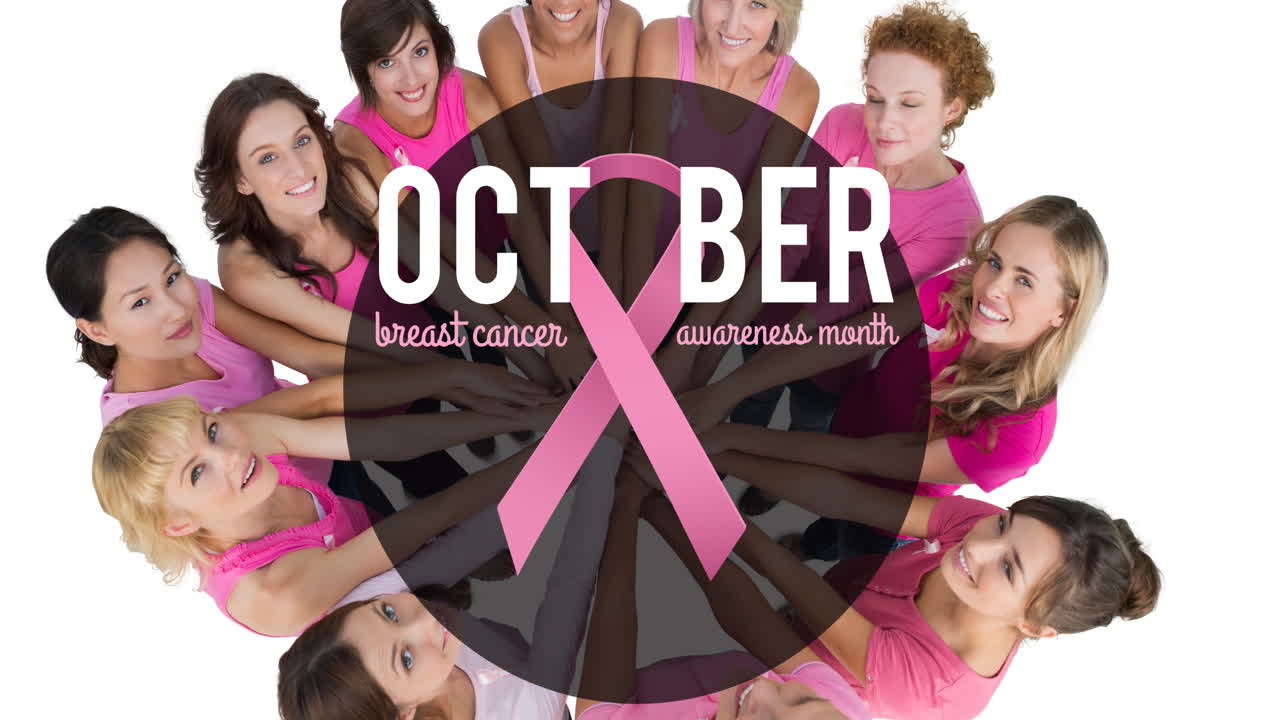 Animação de laço rosa com o texto câncer sobre um grupo diverso de mulheres sorridentes