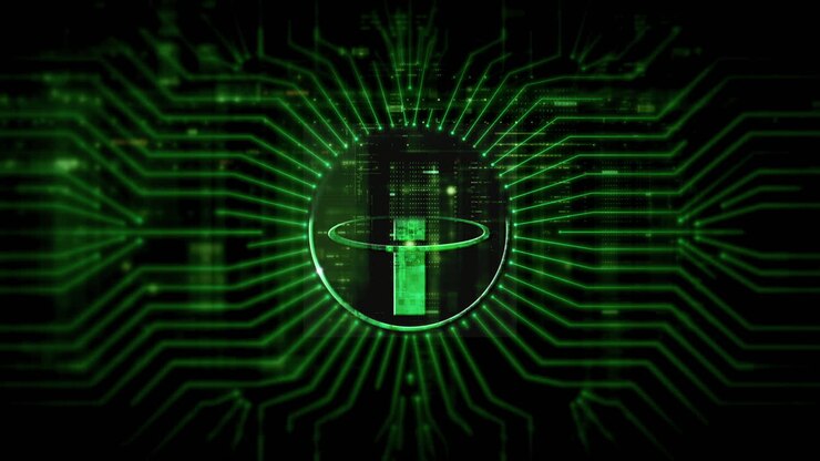 Sfondo digitale futuristico che evidenzia la tecnologia avanzata di criptovaluta e crittografia, con reti blockchain e sistemi crittografici sicuri: Tether