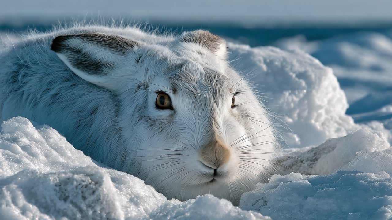 En fantastisk närbild av en vit hare inbäddad i snö, som fångar skönheten och lugnet hos vilda vinterdjur i dess naturliga miljö.