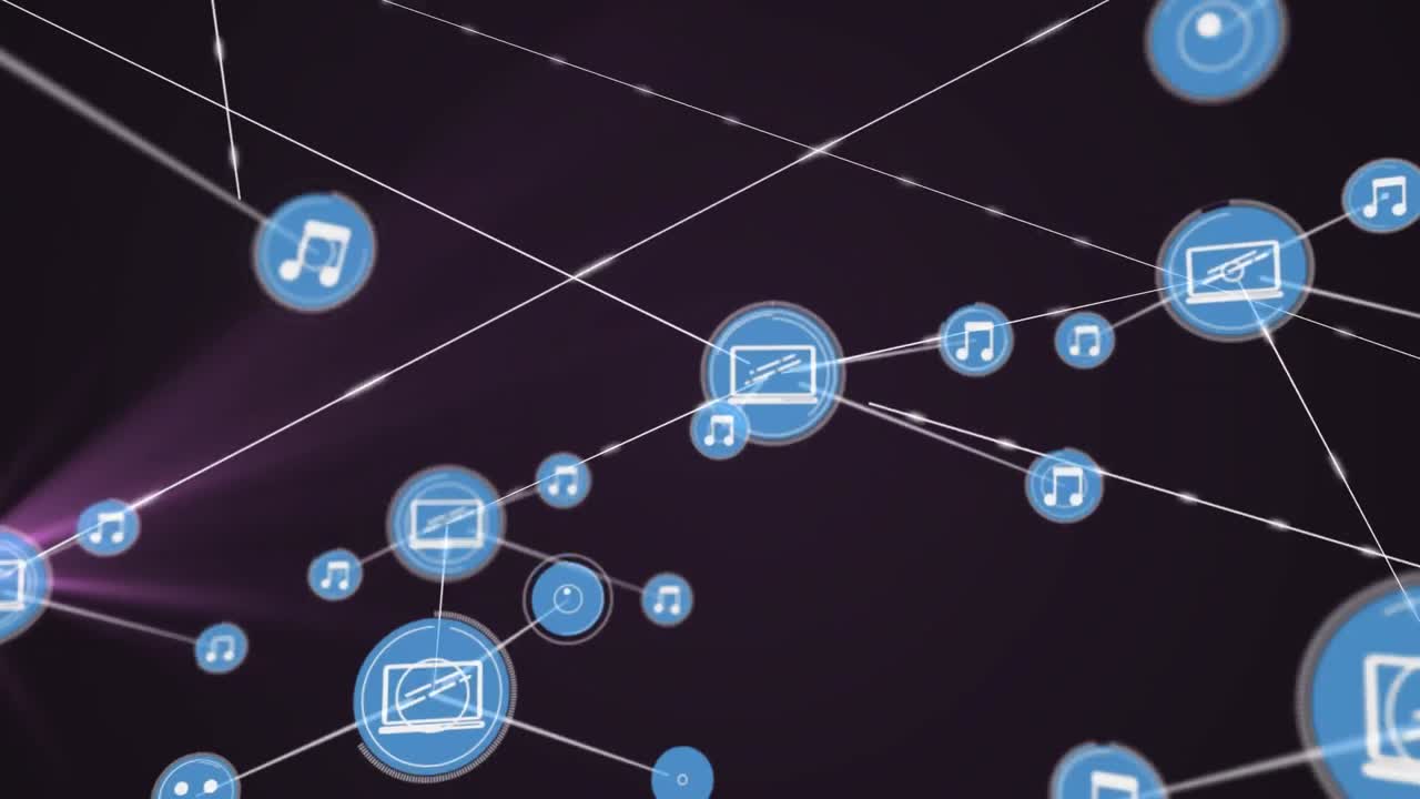 animação de uma rede de ícones digitais sobre um ponto de luz roxo contra um fundo preto