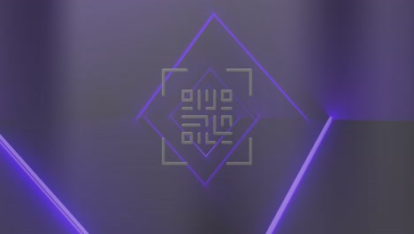 animación de escáner de código qr de color rosa neón y senderos de luz contra un fondo azul.