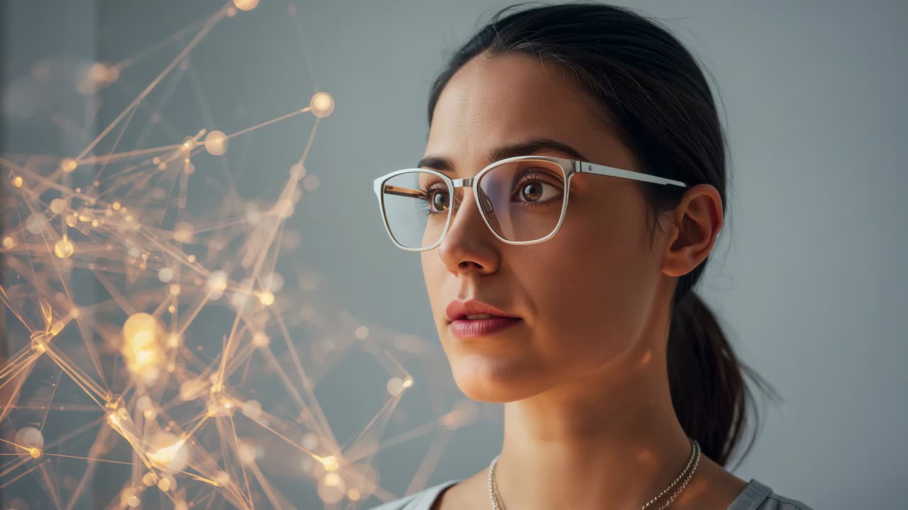 Glowing network drawing woman turning toward camera in lab, clear-framed glasses and chain necklace