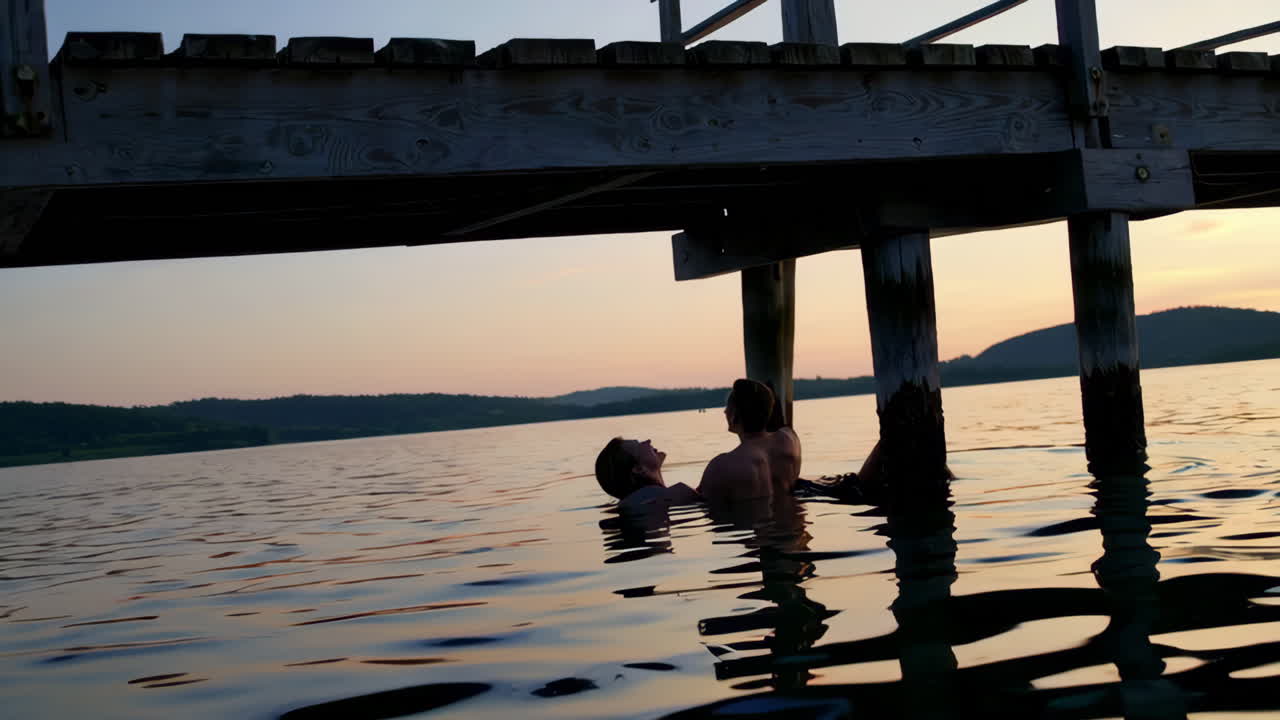 Couple swimming under a pier at sunset