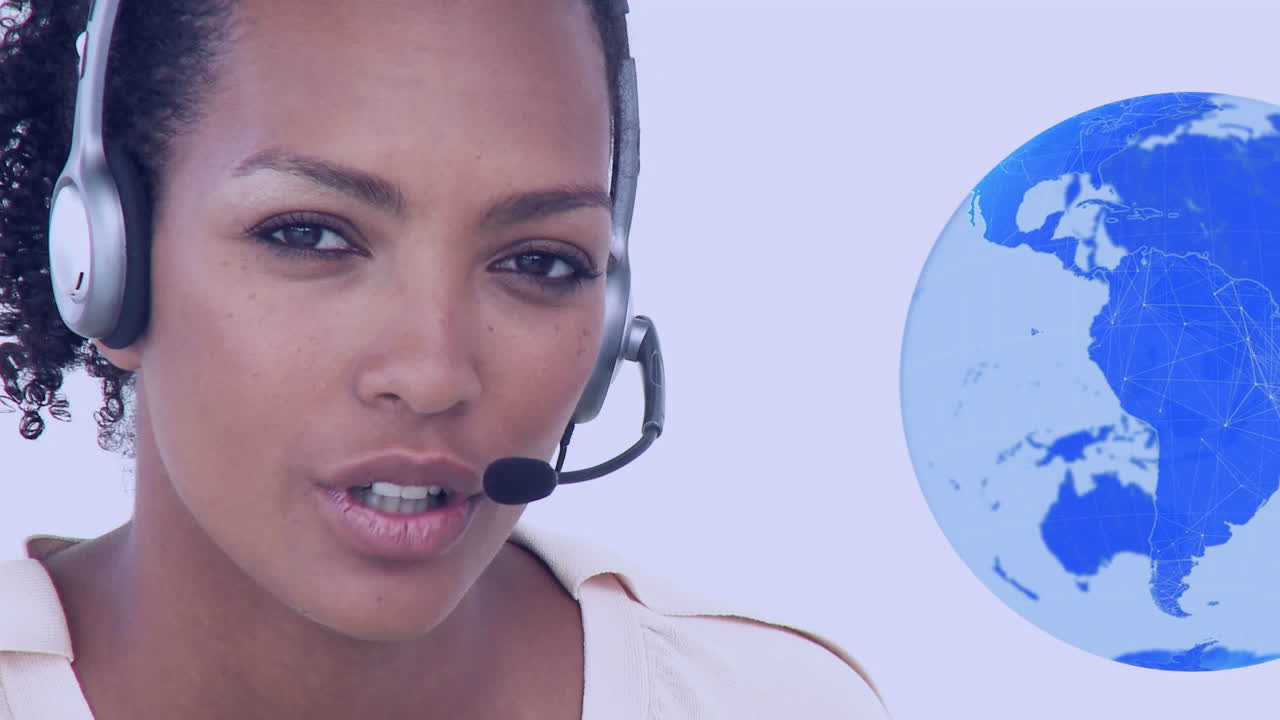 Animation of globe with network of connections over businesswoman using phone headset